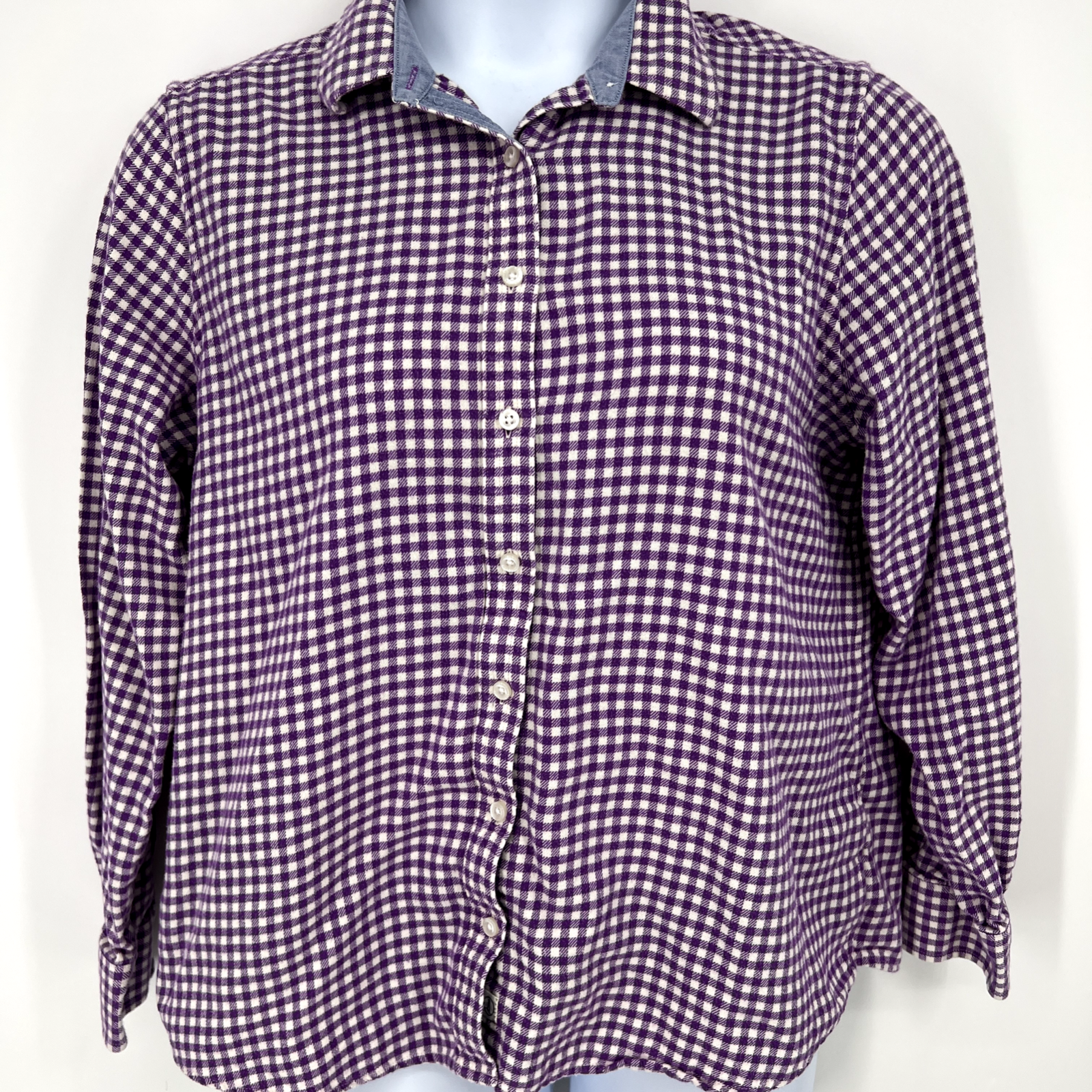 Lands End Womens Button Up Ls Flannel Shirt Purple White Gingham 100% Cotton L